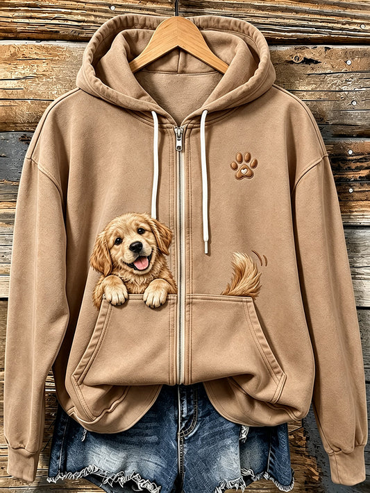Women's Lovely Peeking Golden Retriever & Paws Print Vintage Zip-Up Hoodie gracestitchs