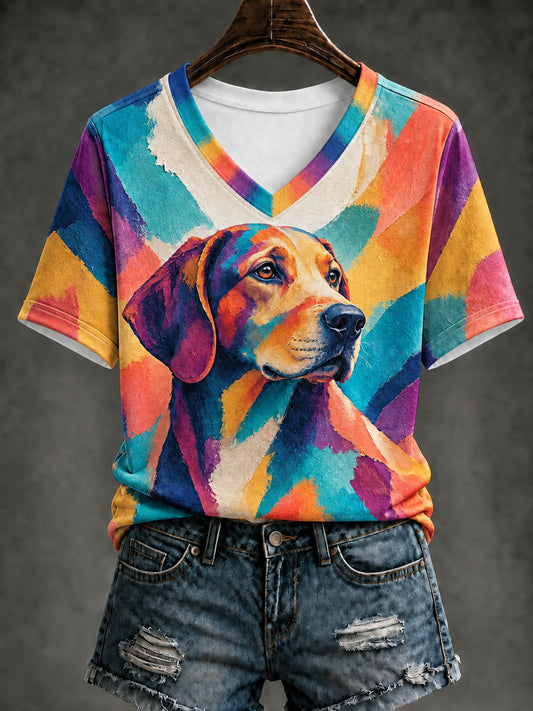 Women's Art Dog Printed V-neck T-shirt gracestitchs
