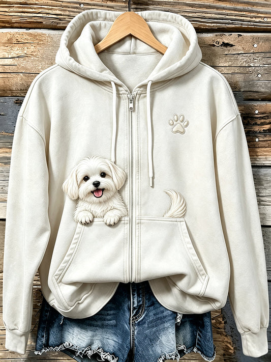 Women's Lovely Peeking Maltese & Paw Print Vintage Zip-Up Hoodie gracestitchs