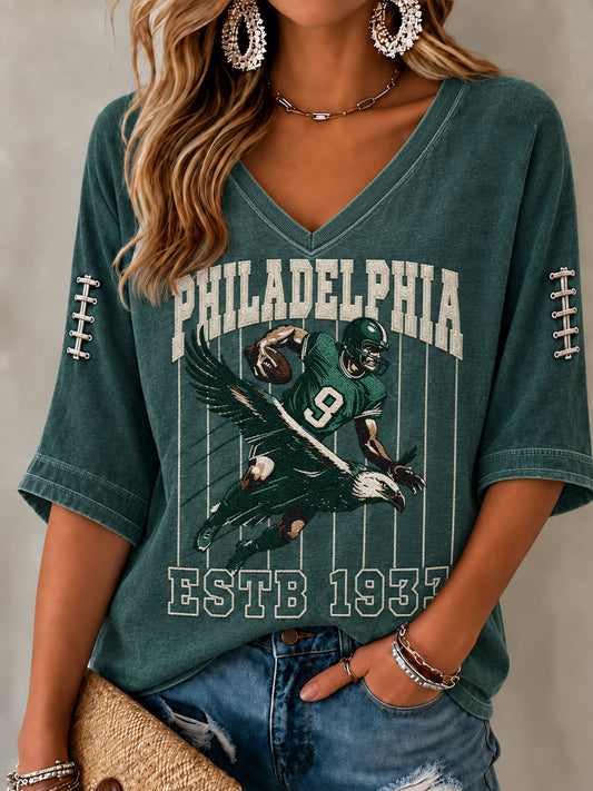 Women's Football Gameday Gift For Football Fans Mid-length Sleeves V-Neck T-Shirt gracestitchs