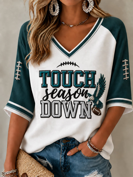 Women's Football Gameday Gift For Football Fans Mid-length Sleeves V-Neck T-Shirt gracestitchs
