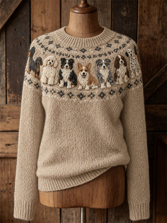 Women's Vintage Dogs Yoke Isle Pattern Print crew neck sweater gracestitchs