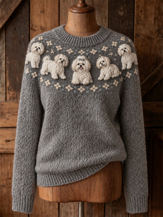 Women's Vintage Maltese Dogs Yoke Isle Print Cozy crew neck sweater gracestitchs