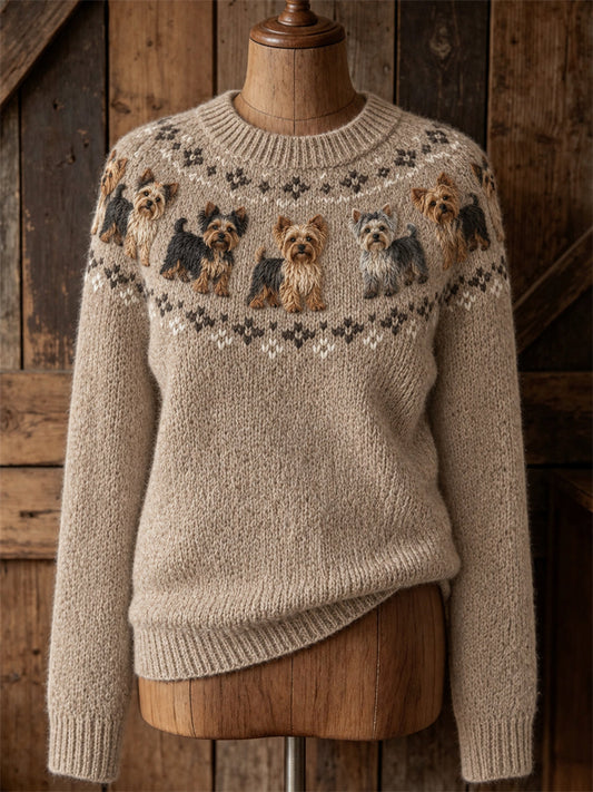 Women's Vintage Yorkie Dogs Yoke Isle Pattern Print crew neck sweater gracestitchs