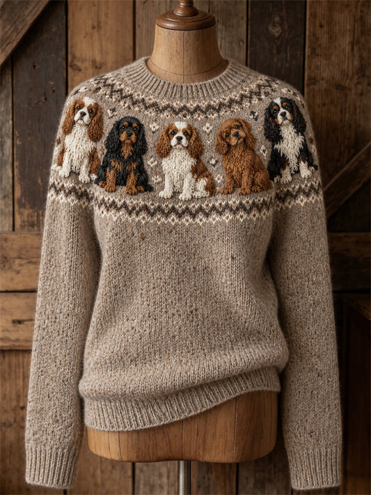 Women's Vintage Cavalier Dogs Yoke Isle Print Cozy crew neck sweater gracestitchs
