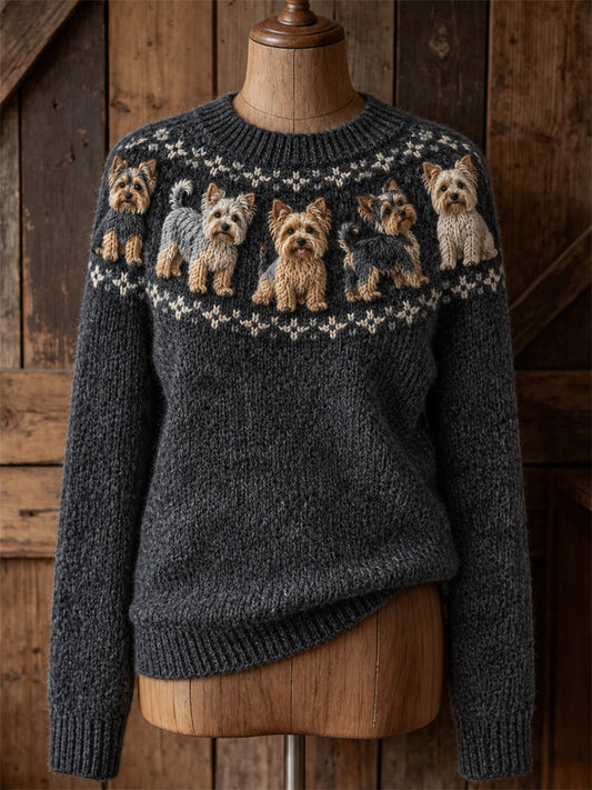 Women's Vintage Yorkie Dogs Yoke Isle Print Cozy crew neck sweater gracestitchs