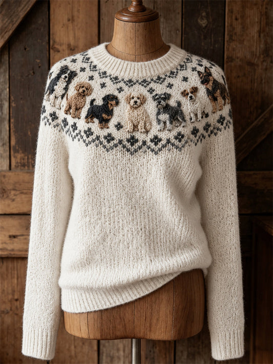 Women's Vintage Dogs Yoke Isle Pattern Print crew neck sweater gracestitchs