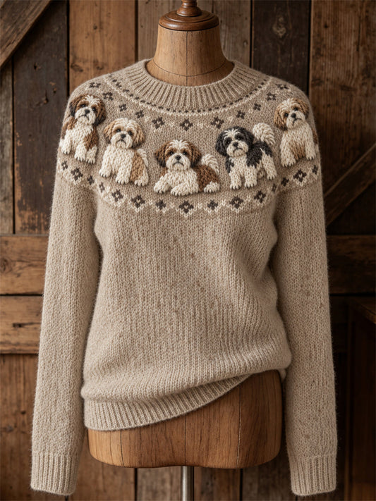 Women's Vintage Shih Tzu Dogs Yoke Isle Print Cozy crew neck sweater gracestitchs