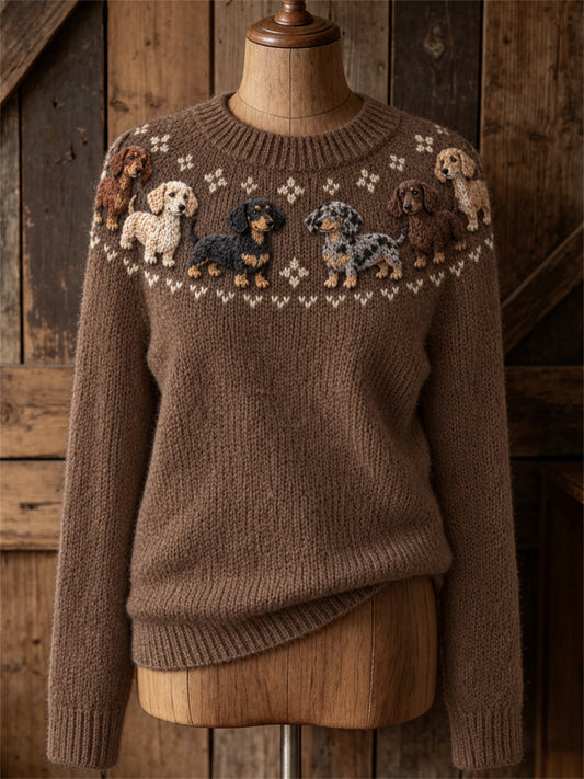 Women's Vintage Dachshund Dogs Yoke Isle Pattern Print crew neck sweater gracestitchs
