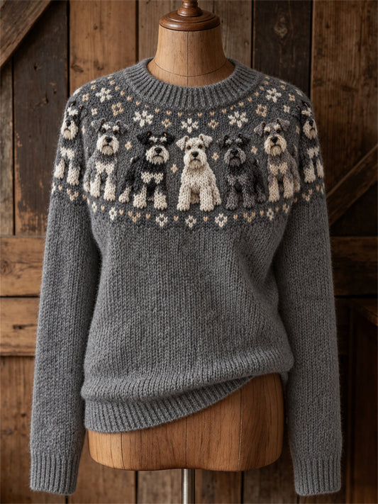 Women's Vintage Schnauzer Dogs Yoke Isle Print Cozy crew neck sweater gracestitchs