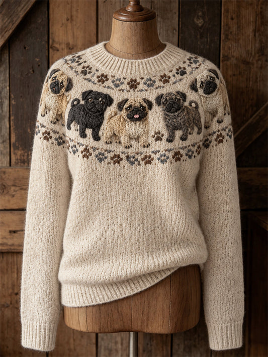 Women's Vintage Pug Dogs Yoke Isle Print Cozy crew neck sweater gracestitchs