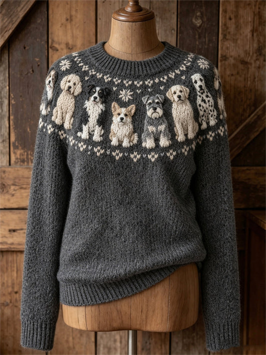 Women's Vintage Dogs Yoke Isle Pattern Print crew neck sweater gracestitchs