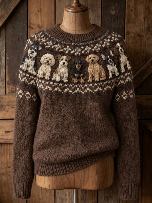 Women's Vintage Dogs Yoke Isle Pattern Print crew neck sweater gracestitchs