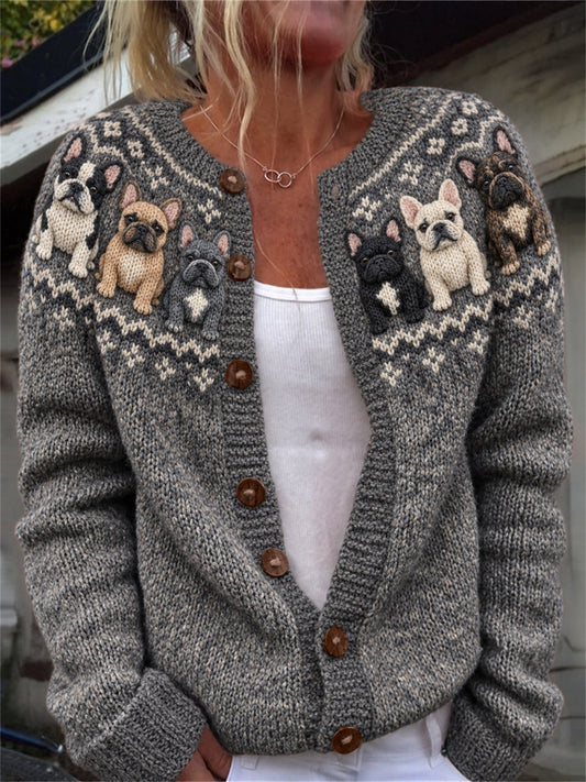 Women's Vintage French Bulldogs Yoke Isle Print Cardigan-Style Knit Jacket gracestitchs