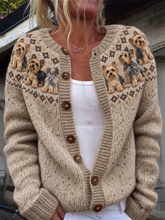 Women's Vintage Yorkie Dogs Yoke Isle Print Cardigan-Style Knit Jacket gracestitchs