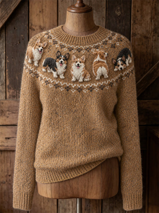 Women's Vintage Lovely Corgi Dogs Yoke Isle Print crew neck sweater gracestitchs
