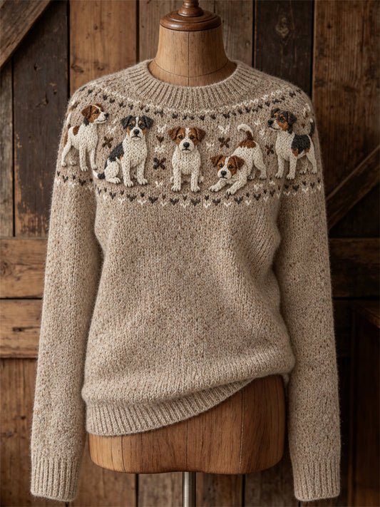 Women's Vintage Lovely Jack Russell Dogs Yoke Isle Print crew neck sweater gracestitchs