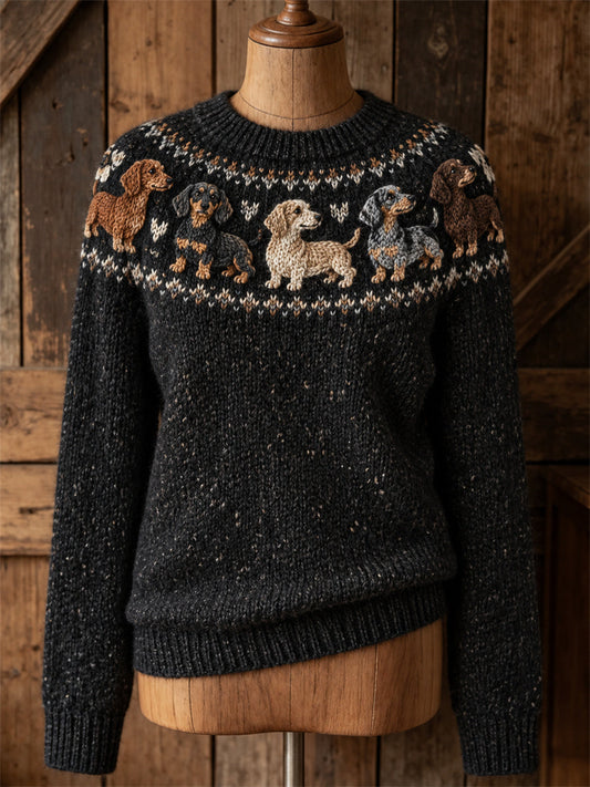 Women's Vintage Lovely Dachshund Dogs Yoke Isle Print crew neck sweater gracestitchs