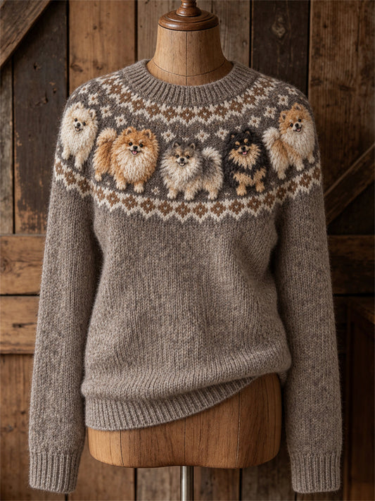 Women's Vintage Lovely Pomeranian Dogs Yoke Isle Print crew neck sweater gracestitchs