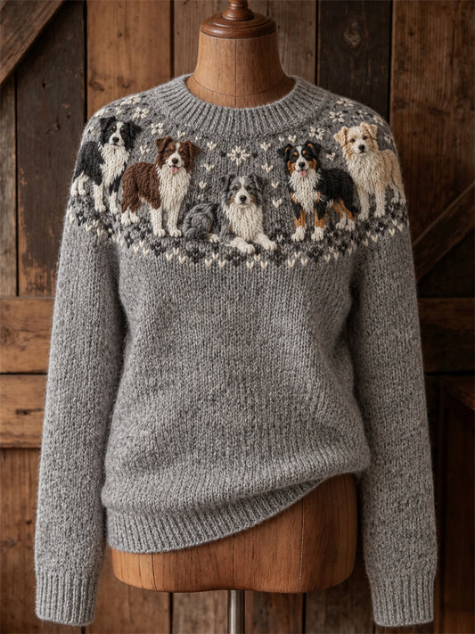 Women's Vintage Border Collie Dogs Yoke Isle Print crew neck sweater gracestitchs
