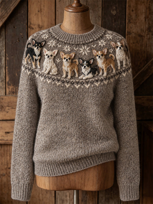 Women's Vintage Lovely Chihuahua Dogs Yoke Isle Print crew neck sweater gracestitchs