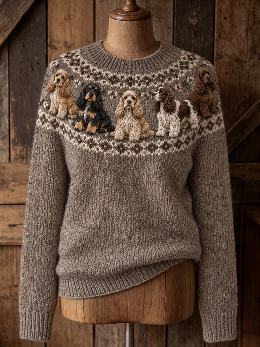 Women's Vintage Lovely Cocker Spaniel Dogs Yoke Isle Print crew neck sweater gracestitchs