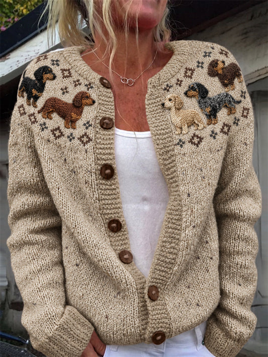 Women's Vintage Dachshund Dogs Yoke Isle Print Cardigan-Style Knit Jacket gracestitchs