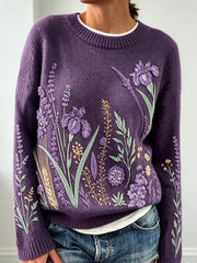 Women's purple flowers pattern printed causal long-sleeved sweater gracestitchs