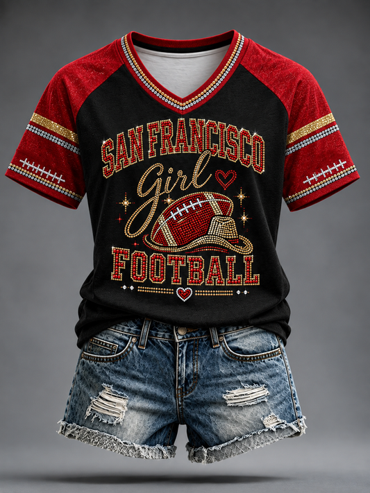 Women's Football Gameday Gift For Football Fans V-neck off-shoulder short-sleeved T-shirt gracestitchs