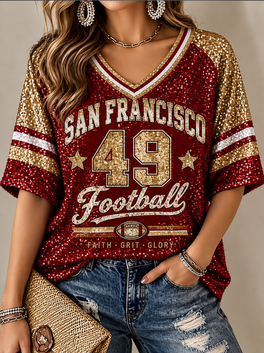 Women's Football Gameday Gift For Football Fans Mid-length Sleeves V-Neck T-Shirt gracestitchs