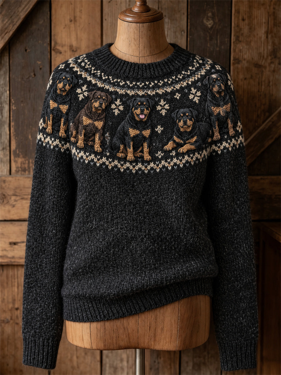 Women's Vintage Rottweiler Dogs Yoke Isle Print crew neck sweater gracestitchs