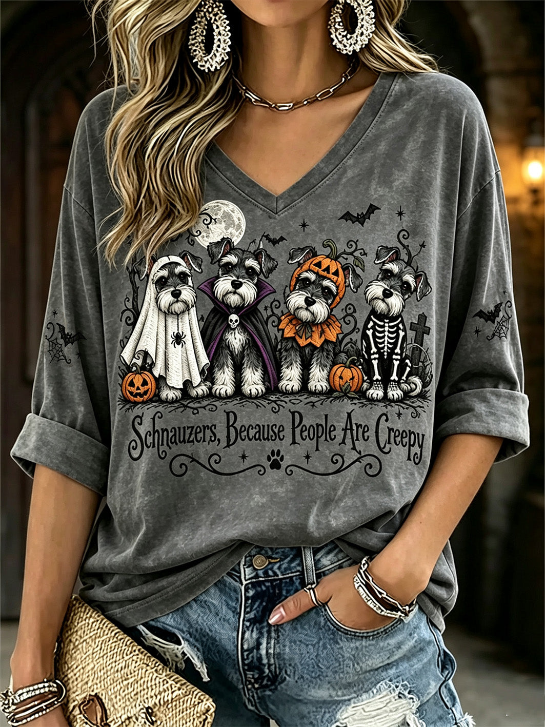 Women's Halloween Dog Design Casual Mid-length Sleeves v-Neck T-shirt gracestitchs