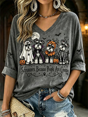 Women's Halloween Dog Design Casual Mid-length Sleeves v-Neck T-shirt gracestitchs