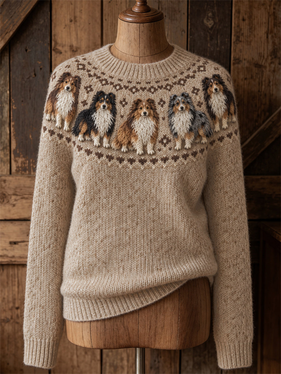 Women's Vintage Shetland Sheepdogs Yoke Isle Print crew neck sweater gracestitchs