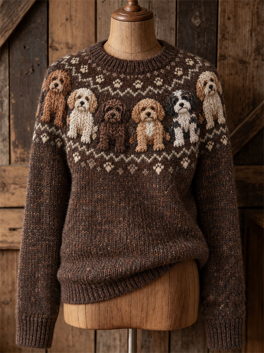 Women's Vintage Cockapoo Dogs Yoke Isle Print crew neck sweater gracestitchs