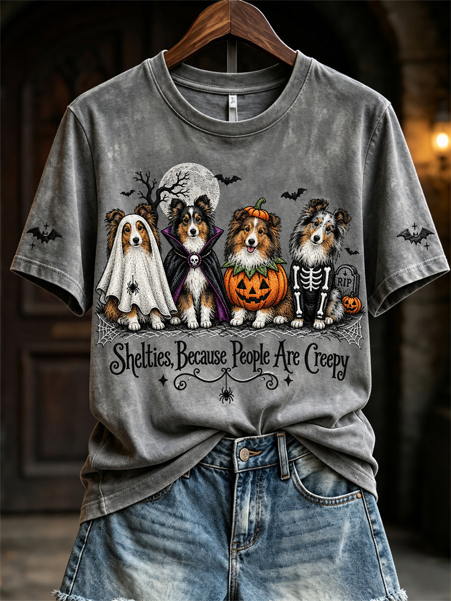 Women's Shelties Because People Are Creepy Halloween Dogs Print short-sleeved T-shirt gracestitchs