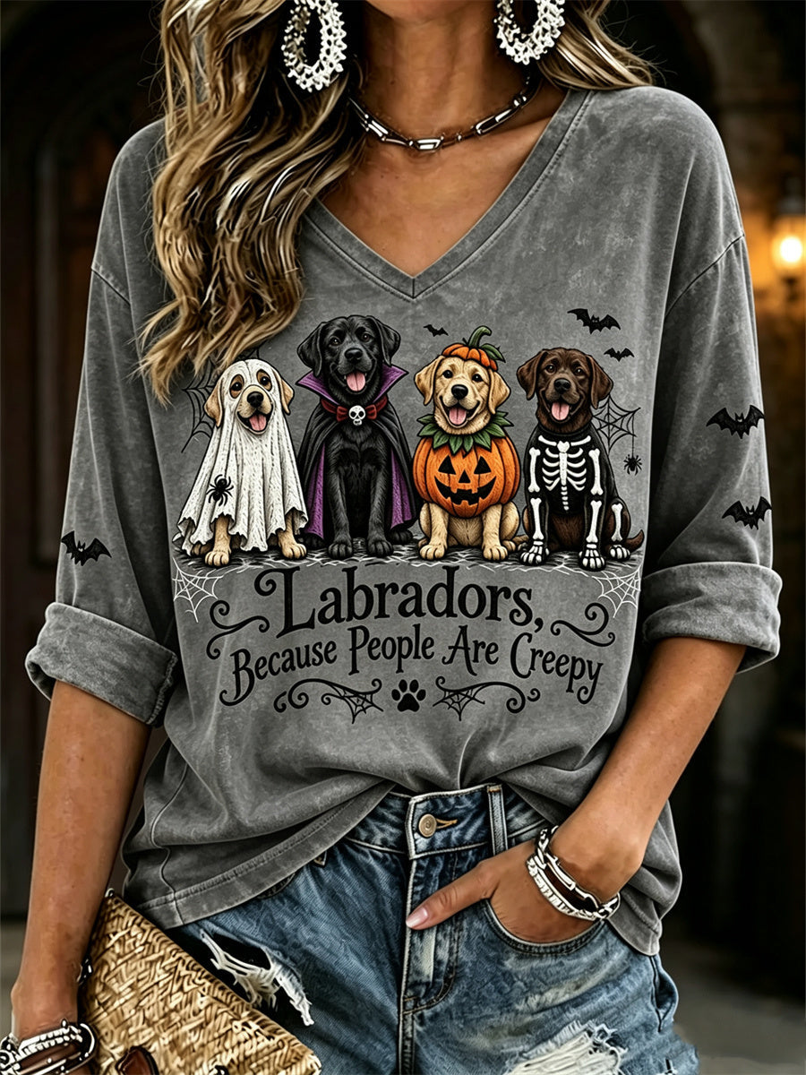 Women's Labradors Because People Are Creepy Halloween Dogs Print Mid-length Sleeves V-Neck T-Shirt gracestitchs