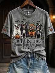 Women's Pit Bulls Because People Are Creepy Halloween Dogs Print short-sleeved T-shirt gracestitchs
