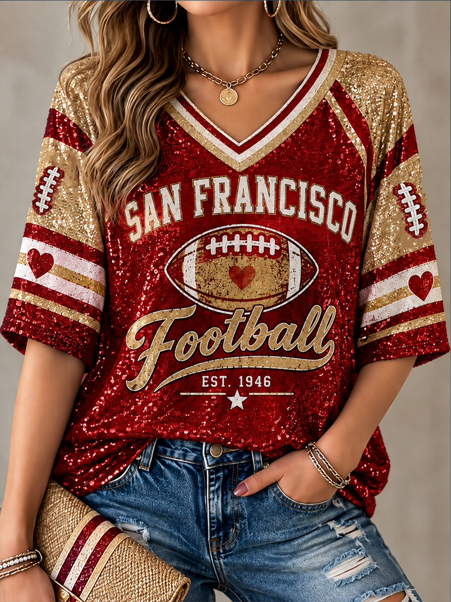 Women's Football Gameday Gift For Football Fans Mid-length Sleeves V-Neck T-Shirt gracestitchs