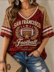 Women's Football Gameday Gift For Football Fans Mid-length Sleeves V-Neck T-Shirt gracestitchs