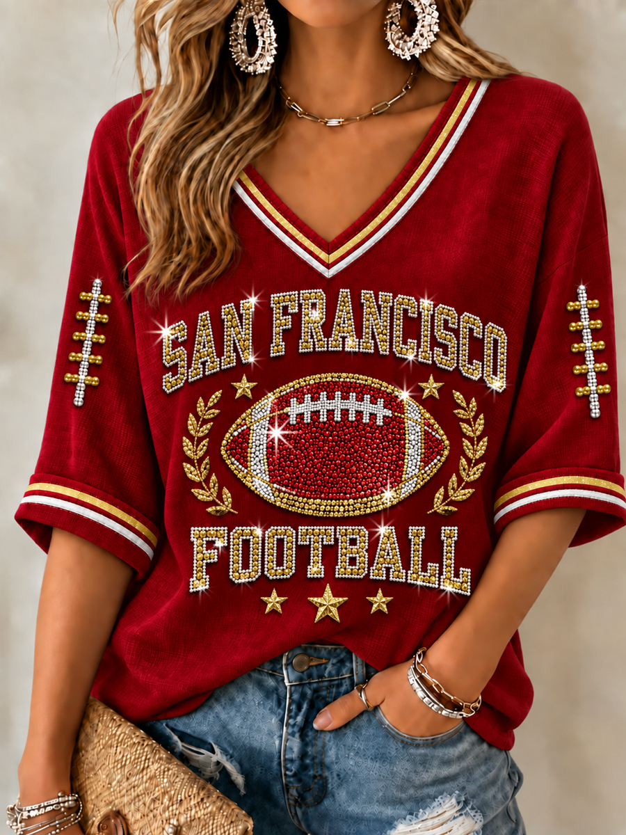 Women's Football Gameday Gift For Football Fans Mid-length Sleeves V-Neck T-Shirt gracestitchs