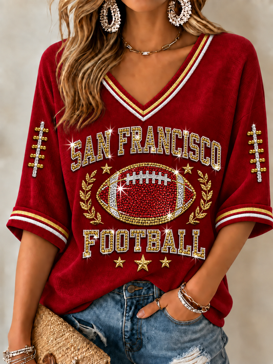 Women's Football Gameday Gift For Football Fans Mid-length Sleeves V-Neck T-Shirt gracestitchs