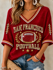 Women's Football Gameday Gift For Football Fans Mid-length Sleeves V-Neck T-Shirt gracestitchs