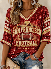 Women's Football Gameday Gift For Football Fans Mid-length Sleeves V-Neck T-Shirt gracestitchs