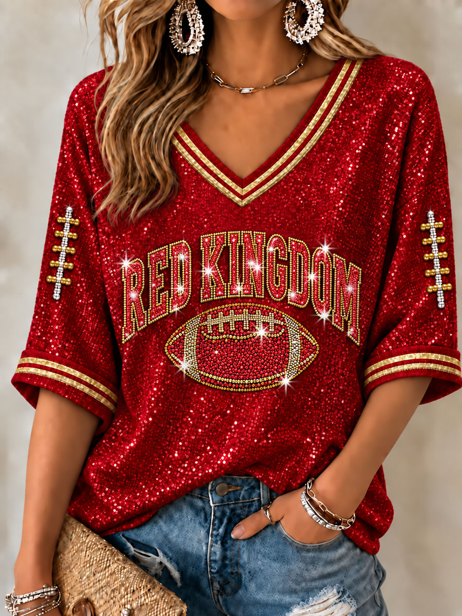Women's Red Kingdom Mid-length Sleeves V-Neck T-Shirt gracestitchs