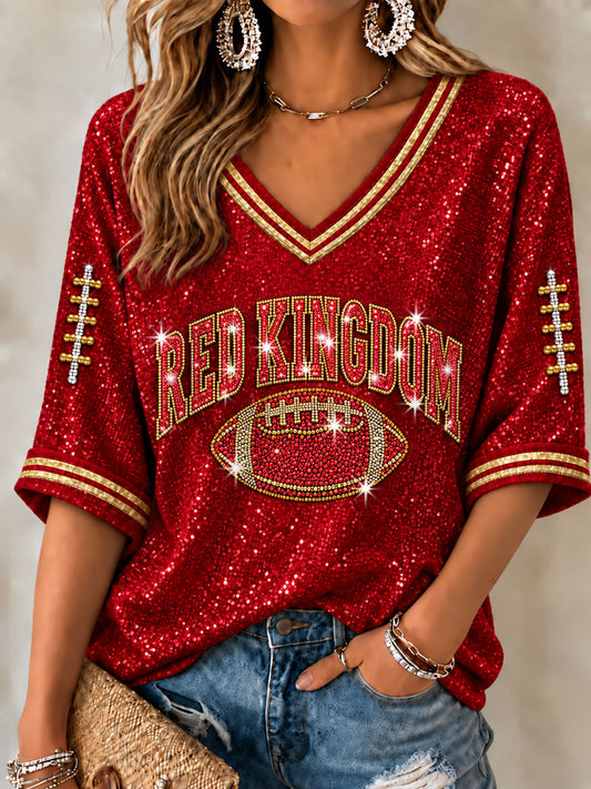 Women's Red Kingdom Mid-length Sleeves V-Neck T-Shirt gracestitchs