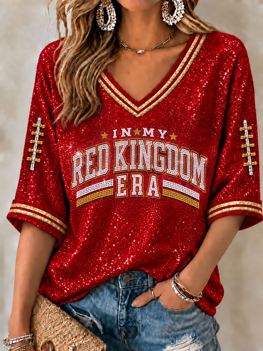 Women's Red Kingdom Mid-length Sleeves V-Neck T-Shirt gracestitchs