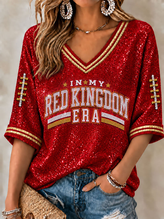 Women's Red Kingdom Mid-length Sleeves V-Neck T-Shirt gracestitchs