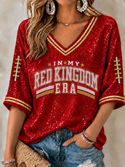 Women's Red Kingdom Mid-length Sleeves V-Neck T-Shirt gracestitchs