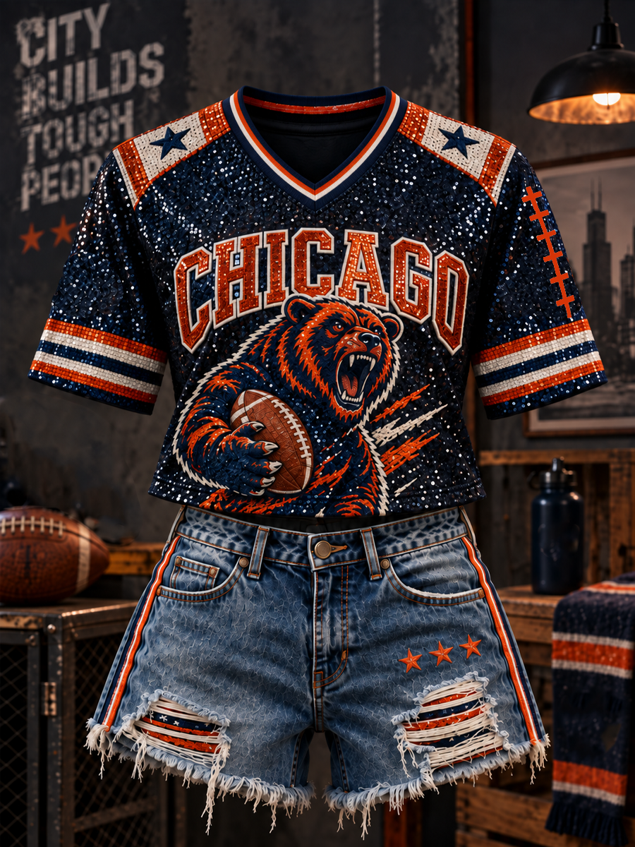 Women's Chicago Football Lover Bear Art Printed short-sleeved T-shirt gracestitchs